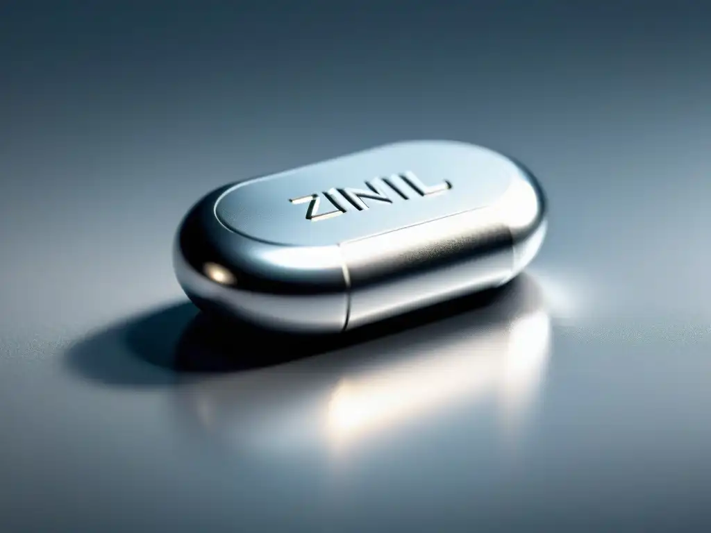 Suplemento de zinc: detalle ultrabrillante Un suplemento de zinc brillante descansa sobre una superficie blanca moderna, mostrando cada detalle
