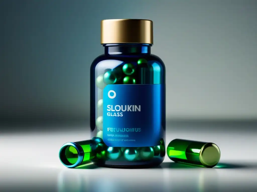 Cápsulas vibrantes en botella de cristal: imagen ultradetallada Suplementos para claridad mental: imagen de botella moderna con cápsulas azules y verdes sobre superficie blanca, iluminación suave y diseño futurista