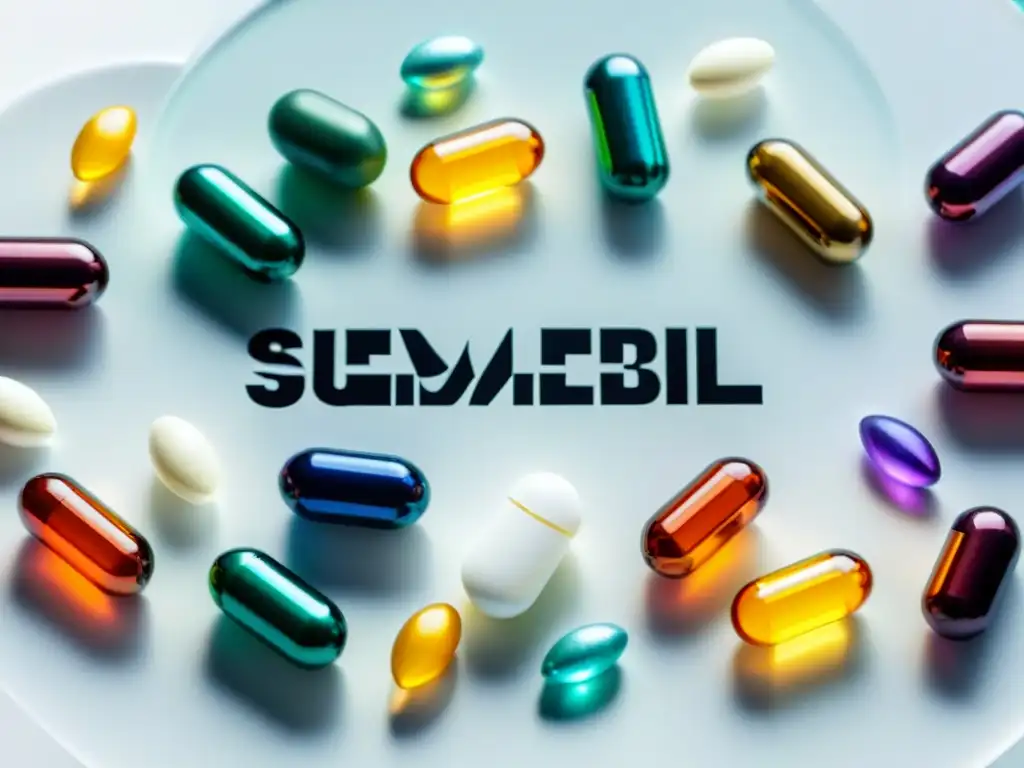 Suplementos coloridos para optimizar el metabolismo Suplementos para optimización metabólica: Coloridas cápsulas y pastillas en un patrón geométrico moderno sobre superficie blanca