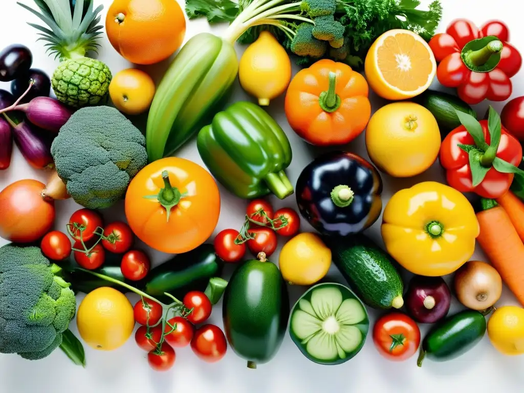 Patrón geométrico de frutas y verduras frescas Suplementos para mantener concentración: una composición colorida de frutas y verduras frescas, arregladas en un patrón geométrico moderno