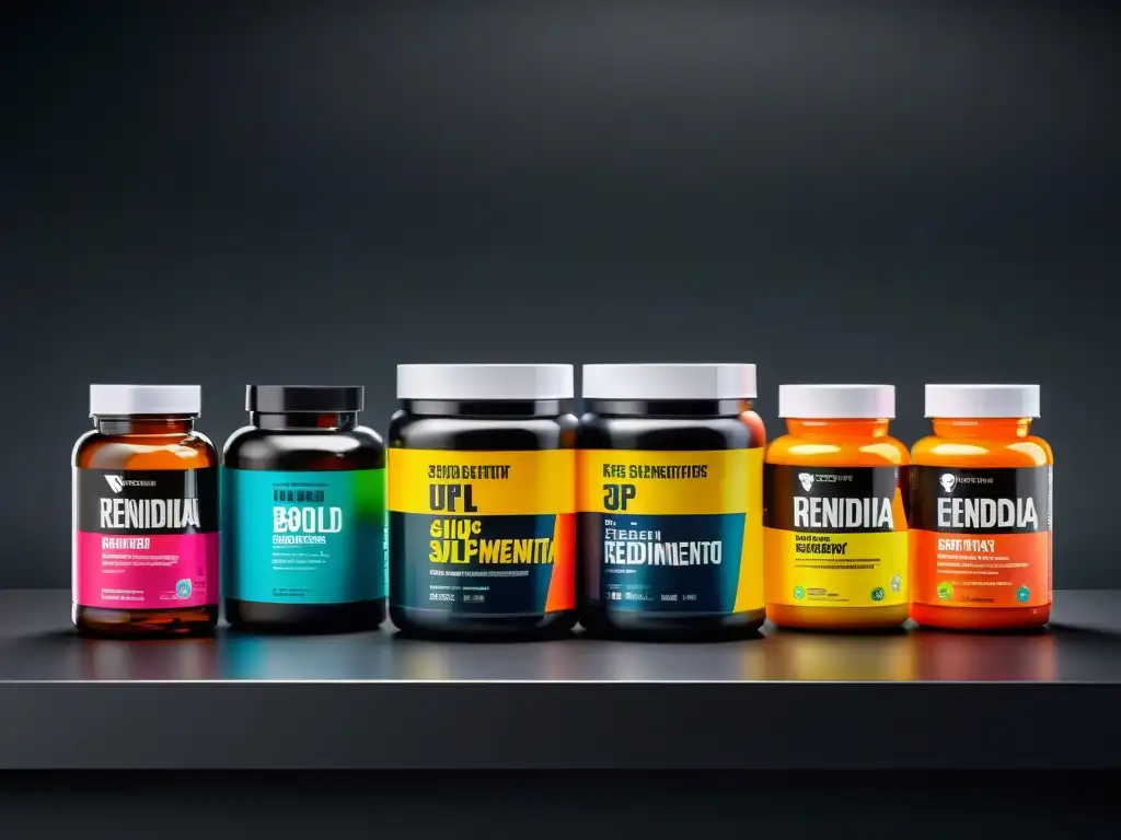 Varios suplementos deportivos en envases vibrantes y llamativos sobre una encimera negra moderna