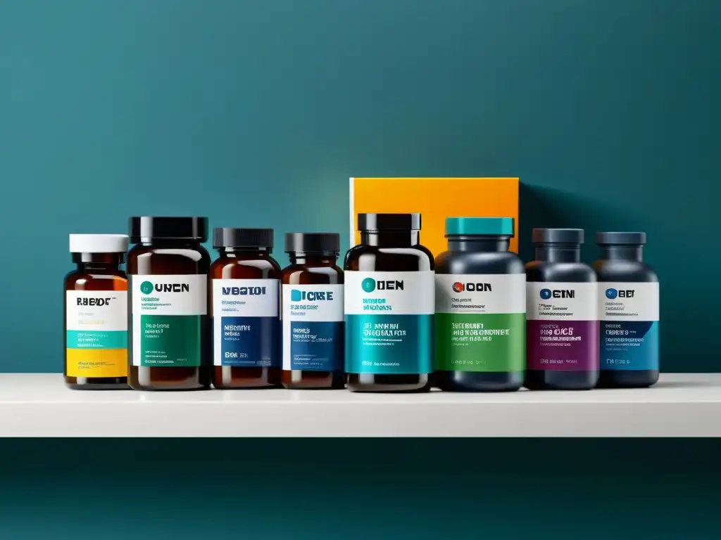 Suplementos Deportivos Profesionales: Organizados y Vibrantes Varios suplementos deportivos ordenados en un mostrador moderno, exhiben sus ingredientes y diseño profesional