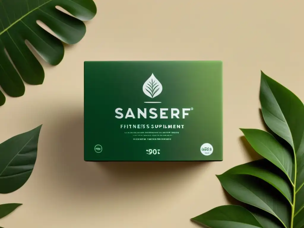 Suplemento fitness eco-friendly: envase moderno y naturaleza exuberante Suplementos deportivos sostenibles en envase moderno, rodeado de naturaleza exuberante y luz natural suave