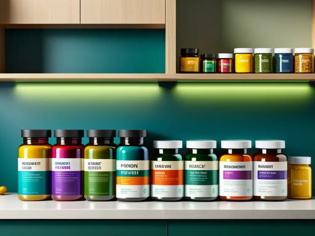 Suplementos Nutricionales de Alta Calidad en Cocina Moderna Varios suplementos para potenciar dieta fitness organizados en una encimera de cocina moderna, con colores vibrantes y detalles nítidos