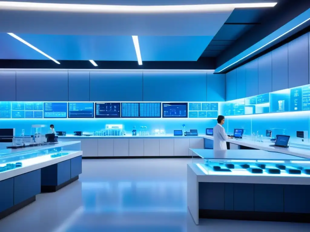 Lab de suplementos futurista con científicos innovadores en tecnología de vanguardia, hologramas y estética minimalista