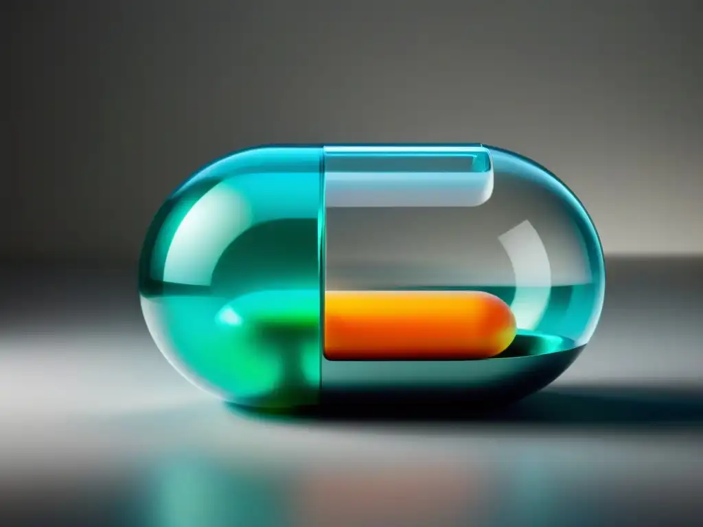 Suplemento microbiota: cápsula futurista con probióticos y prebióticos Suplementos innovadores para microbiota: cápsula futurista con probióticos y prebióticos vibrantes en su interior, iluminada suavemente
