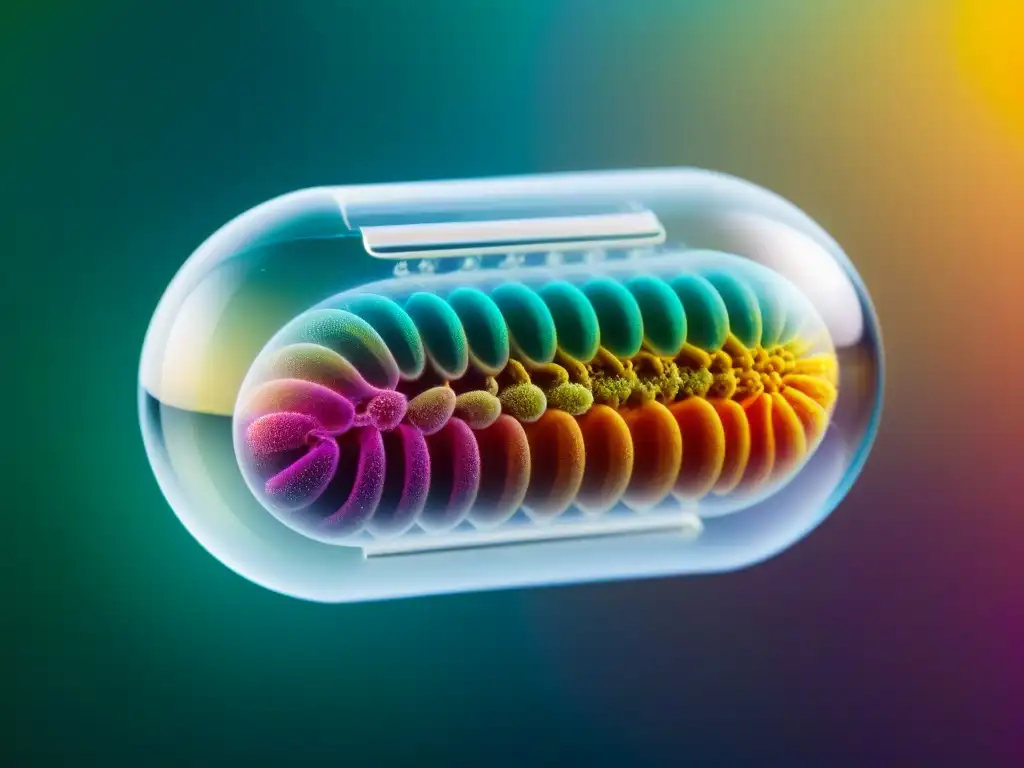 Microbiota vibrante en cápsula transparente Suplementos innovadores para microbiota: cápsula transparente llena de coloridas bacterias probióticas suspendidas en gel