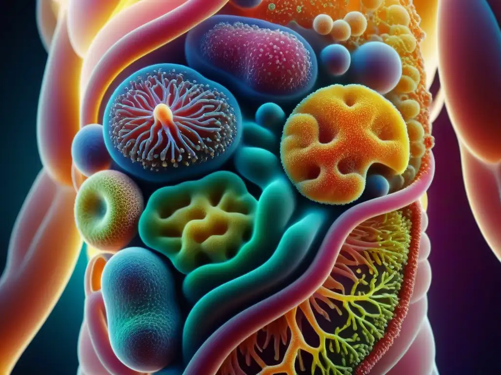 Microbiota intestinal: red de bacterias y microorganismos Suplementos innovadores para microbiota: Detalle vibrante y moderno de la compleja red de bacterias y microorganismos en el intestino humano