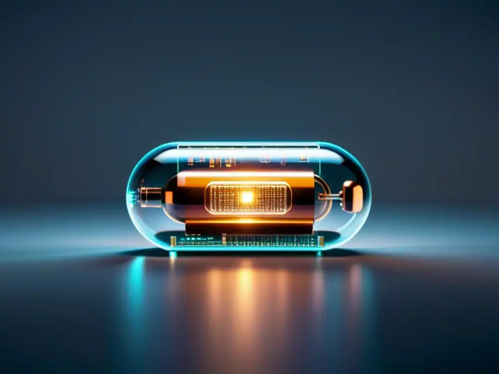 Suplemento inteligente: circuitos y sensores en cápsula futurista Suplementos inteligentes con comunicación: cápsula transparente con circuitos y sensores, iluminada con un brillo futurista en laboratorio moderno