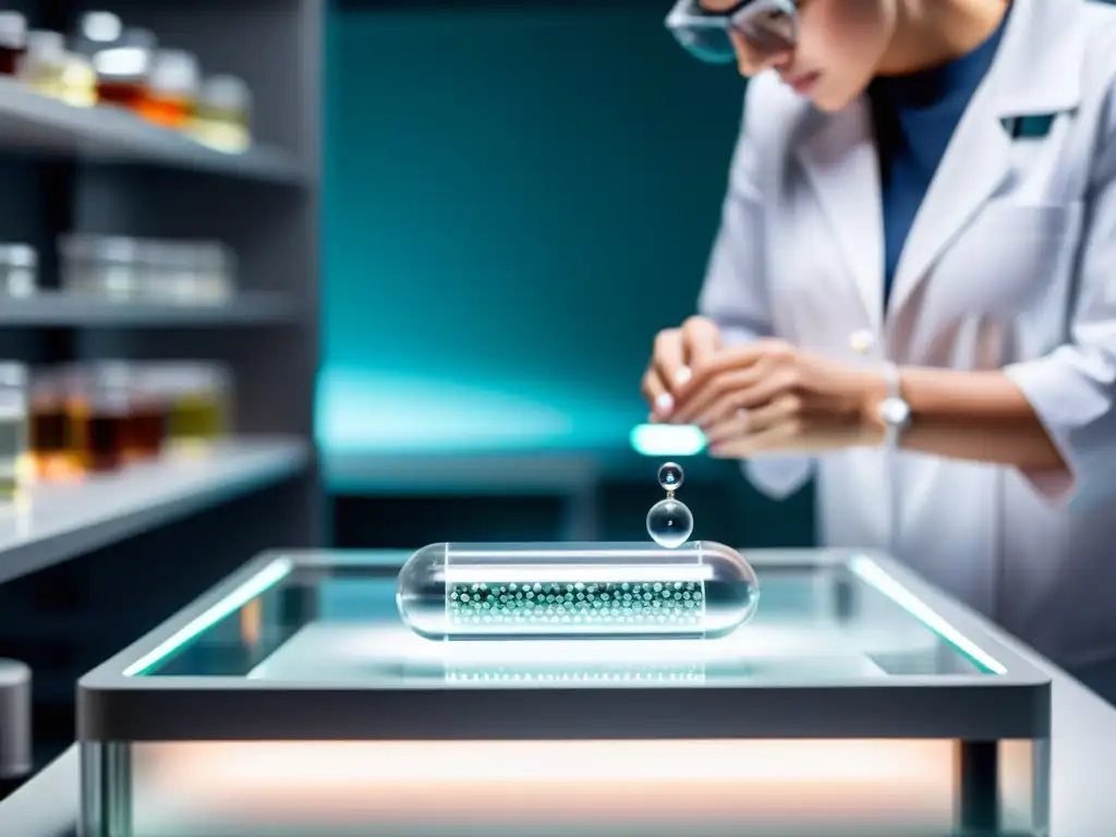 Suplemento del futuro: cápsula transparente con nutrientes Suplementos con liberación prolongada en cápsula futurista, rodeada de científicos en un laboratorio de vanguardia