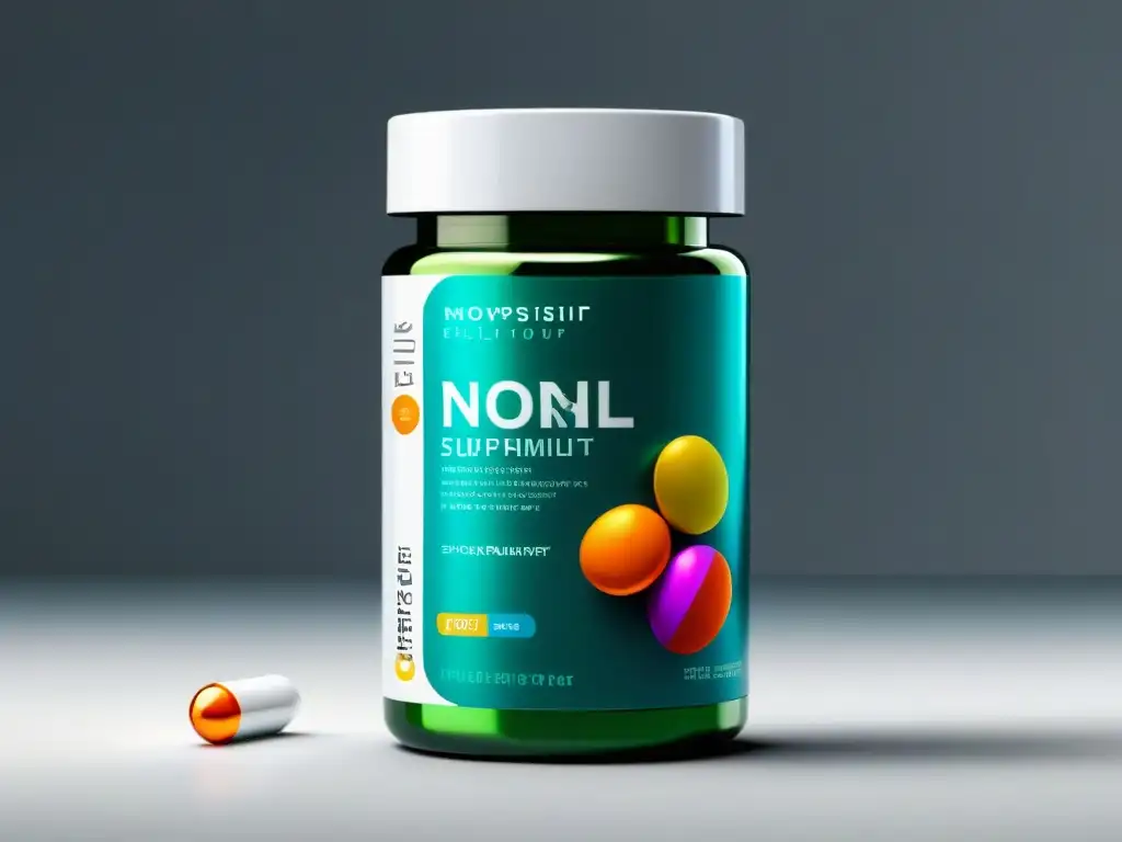 Píldoras deportivas de alta tecnología: potencia y precisión Suplementos nootrópicos para atletas: Botella moderna con cápsulas vibrantes y diseño futurista, reflejando precisión y ciencia avanzada