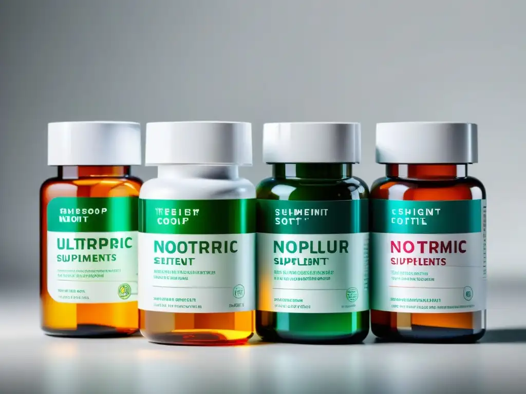 Suplementos nootrópicos de alta calidad en composición profesional Suplementos nootrópicos para atletas en composición profesional y vibrante, con etiquetas nítidas y colores llamativos sobre superficie blanca