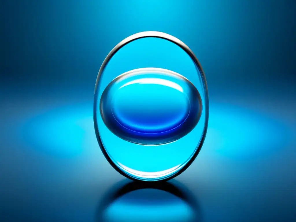 Píldora transparente con líquido azul vibrante: detalle ultraclaro Suplementos nootrópicos para potenciar cerebro: Detalle de cápsula transparente con líquido azul vibrante y diseño moderno futurista