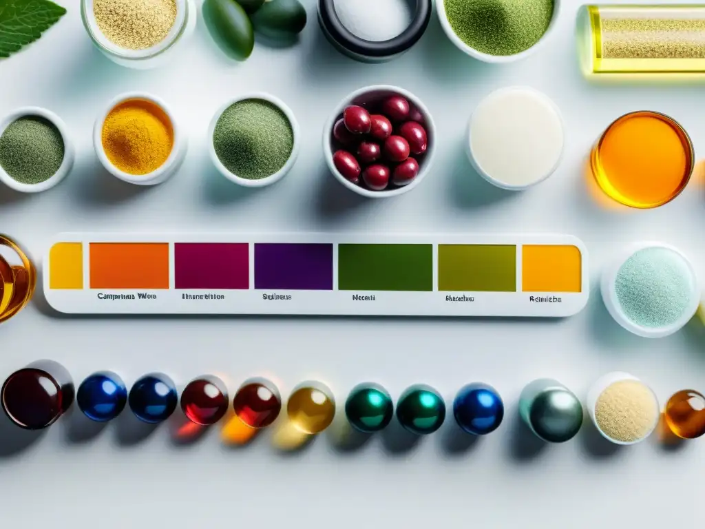 Suplementos nutricionales: Detalles vibrantes y precisos Suplementos nutricionales deportivos detallados en superficie blanca minimalista