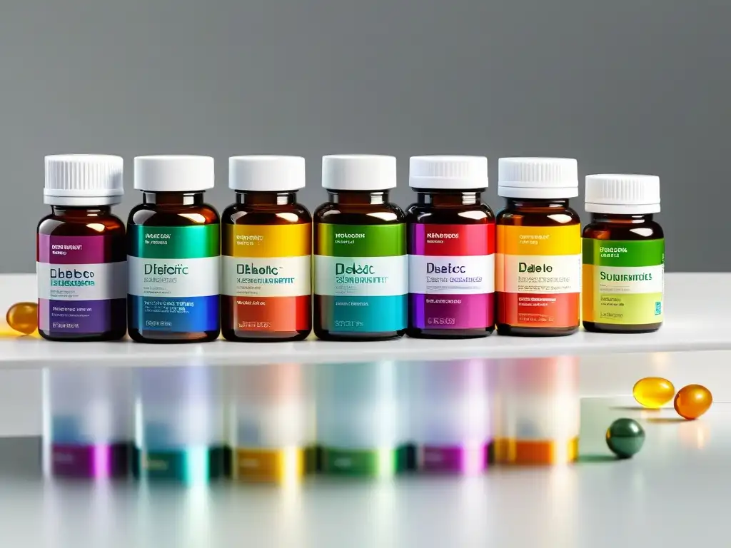 Suplementos Nutricionales para Diabéticos: Colores y Nutrición Suplementos nutricionales para diabéticos en envases coloridos sobre un elegante mostrador blanco, con iluminación suave y detallada presentación