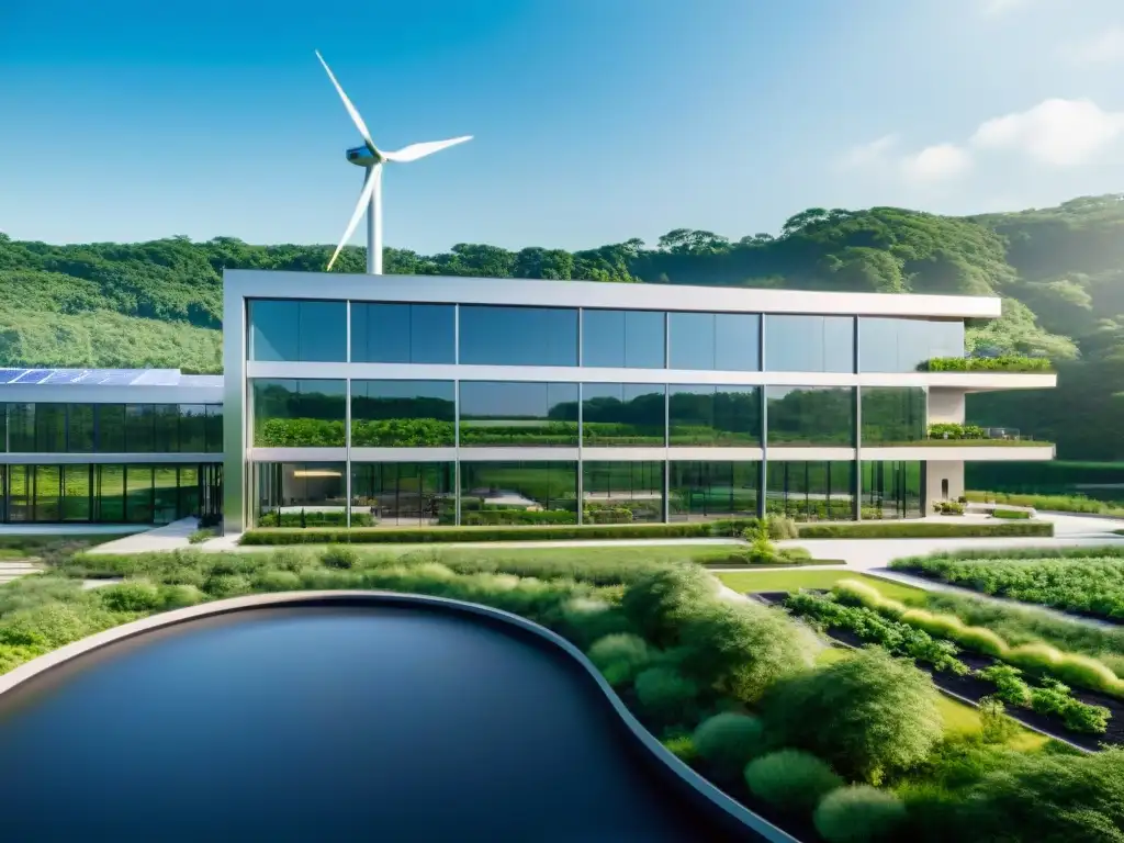 Instalación sostenible de suplementos, tecnología y conciencia ambiental Instalación de fabricación de suplementos nutricionales ecológicos sostenibles con diseño futurista y compromiso con la energía renovable