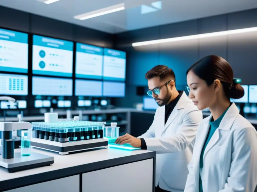 Lab futurista de nutrición personalizada con tecnología AI de vanguardia Lab de suplementos nutricionales personalizados con IA: científicos analizan fórmulas bajo microscopios avanzados y maquinaria de última generación
