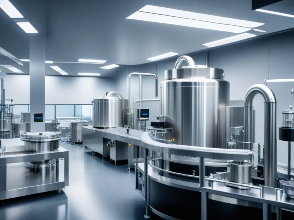 Instalación de suplementos nutricionales: tecnología de vanguardia Fabricación de suplementos nutricionales según normativas globales: moderna planta con maquinaria de acero inoxidable y robótica en acción