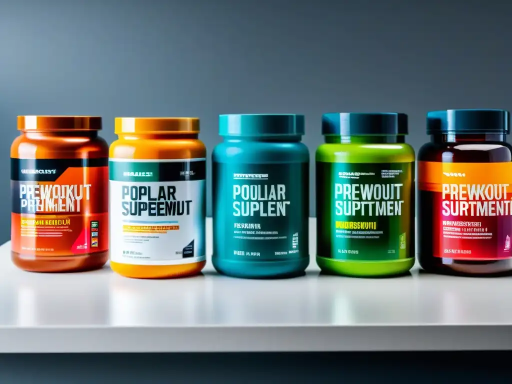 Suplementos pre-entrenamiento: comparativa de marcas Varios suplementos preentrenamiento para energía explosiva en elegantes envases sobre una encimera blanca, destacando marcas y nombres de productos