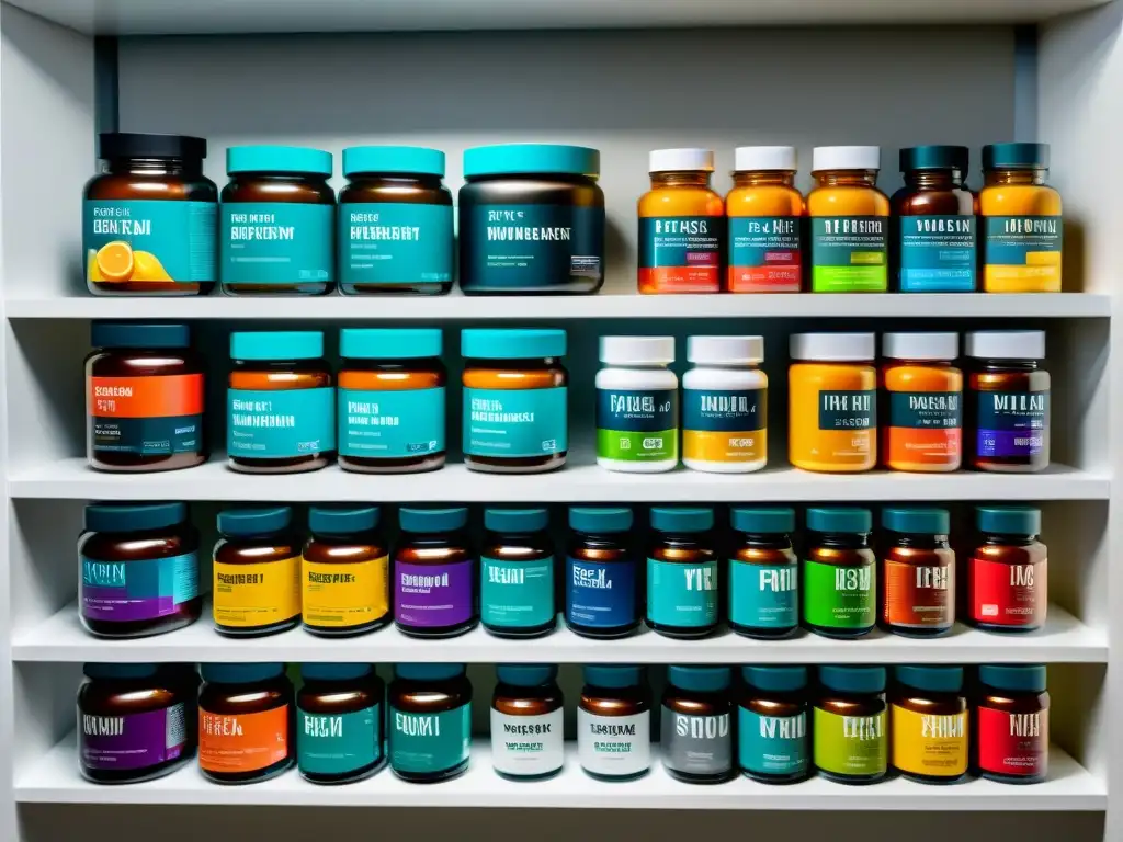Suplementos fitness de alta calidad en estante minimalista Suplementos profesionales fitness revelan: colección premium en estante minimalista, iluminación suave destaca calidad