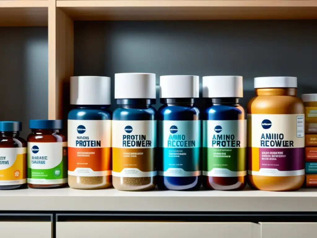 Suplementos deportivos en cocina moderna Suplementos para recuperación muscular rápida en una cocina moderna y ordenada, bañada por luz suave y natural