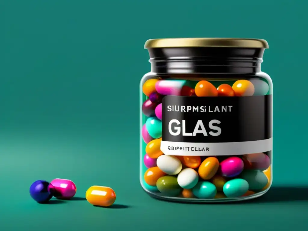 Cápsulas de suplementos vibrantes en frasco de vidrio Un tarro de vidrio moderno y elegante rebosante de cápsulas vibrantes y coloridas de suplementos nutricionales para mejorar enfoque