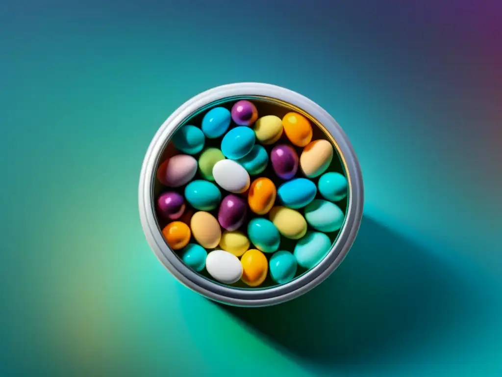 Píldoras nootrópicas: precisión y color en frasco de vidrio Un tarro de vidrio moderno lleno de vibrantes suplementos nootrópicos para mejorar el rendimiento, con una iluminación suave y precisa