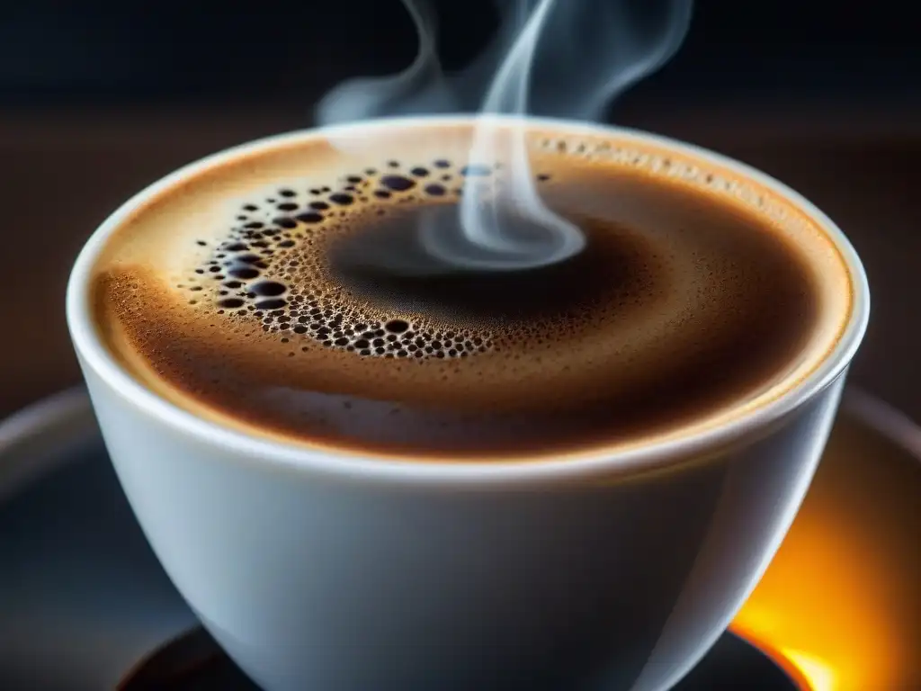 Deliciosa taza de café negro con crema y vapor Una taza de café humeante y perfectamente elaborado, con crema oscura y aromas tentadores