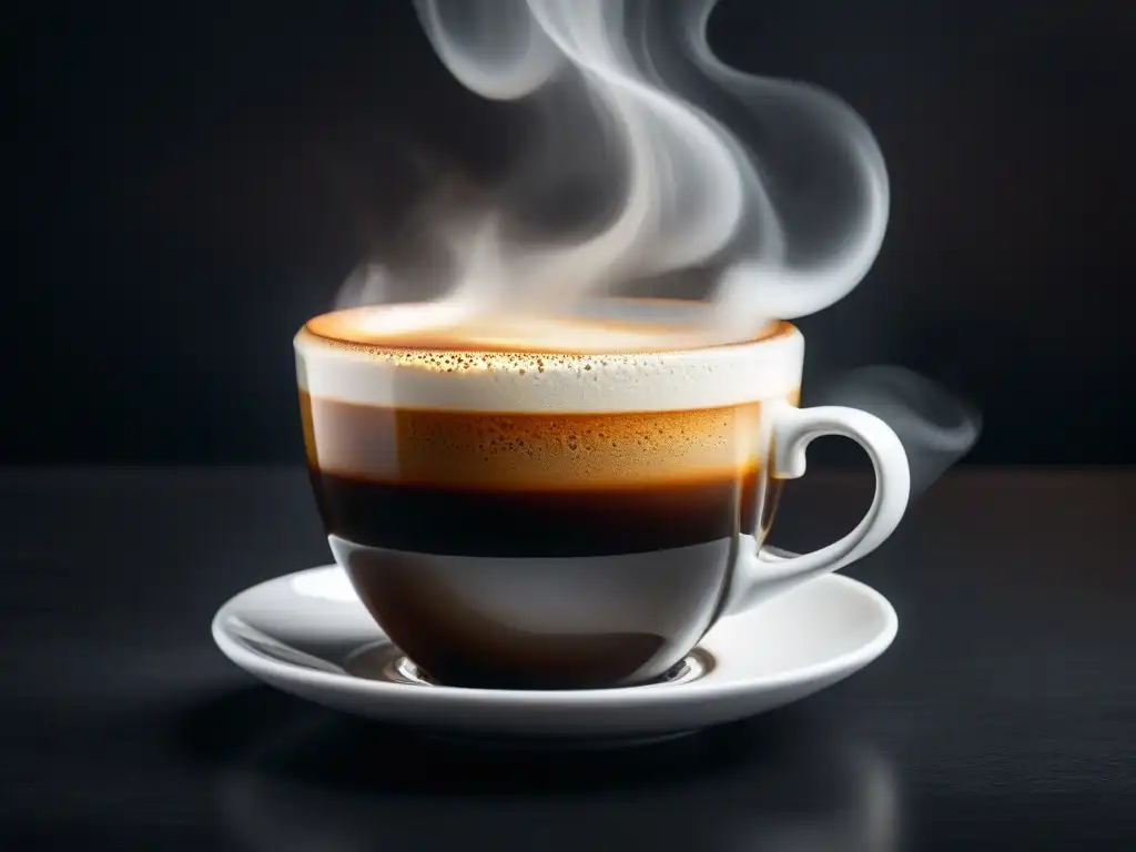 Delicioso café recién hecho con espuma cremosa Una taza de café humeante con espuma cremosa, sobre fondo negro, evocando los efectos de la cafeína en deporte