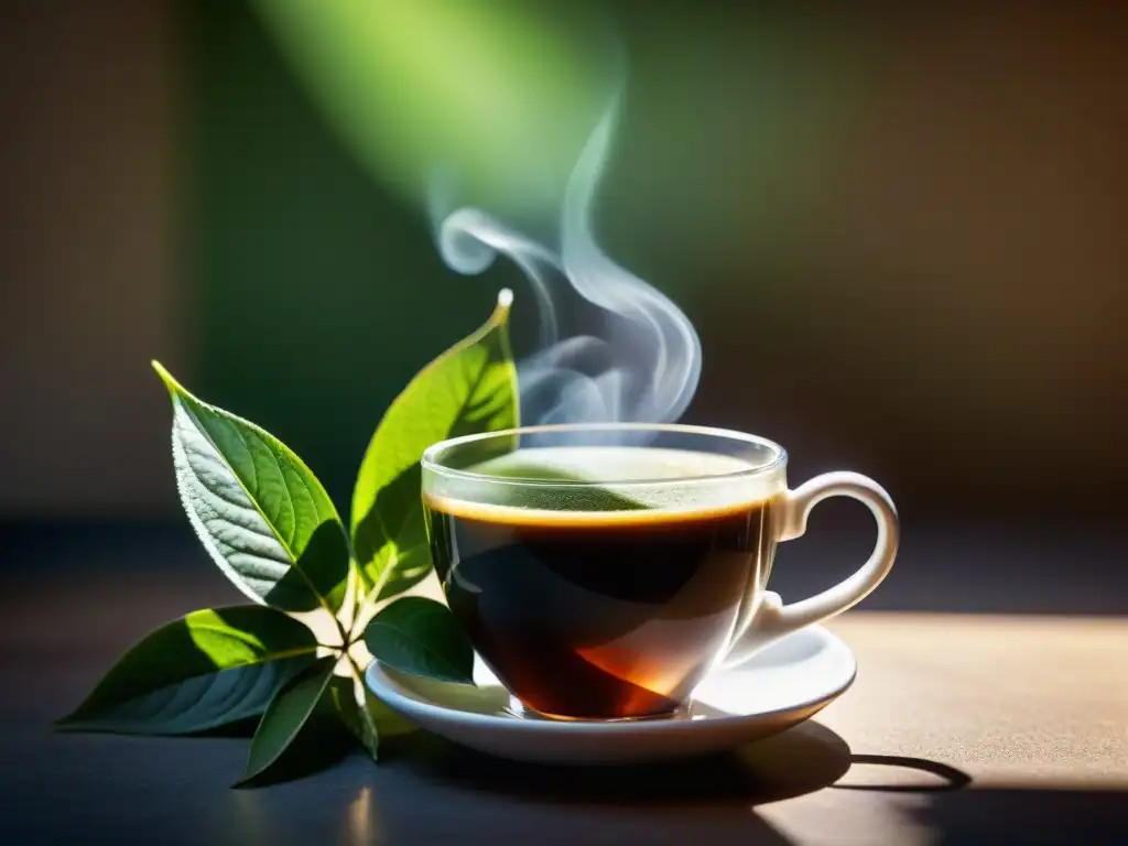 Café y hojas de té: equilibrio perfecto Una taza de café humeante y hojas de té verde, con luz solar filtrándose a través de las hojas y creando sombras intrincadas