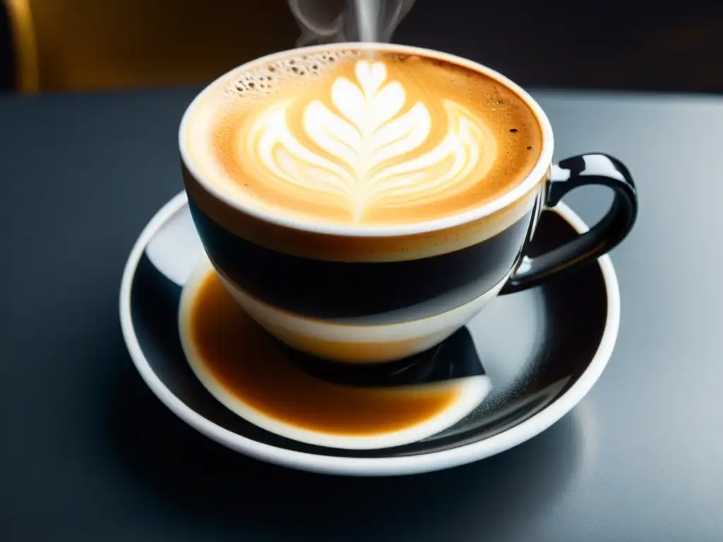 Espresso perfecto con crema dorada y arte latte Una taza de espresso humeante con crema dorada, sobre un platillo moderno