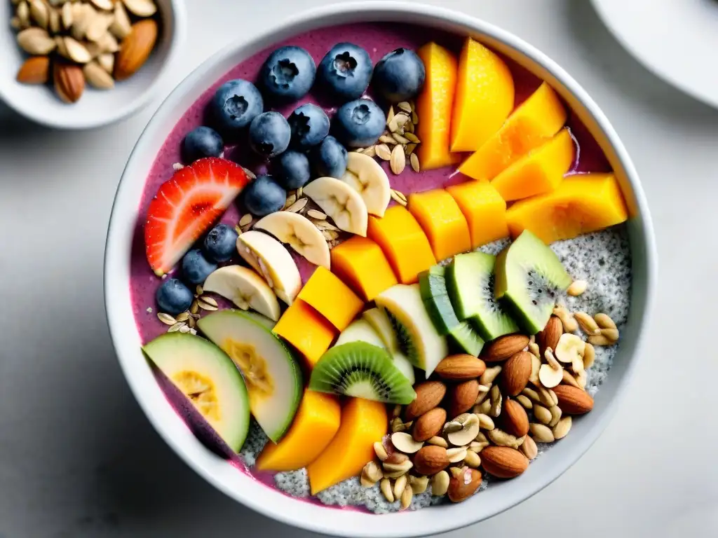 Bowl de smoothie vibrante con frutas frescas y semillas Un tazón de smoothie colorido y vibrante, rodeado de ingredientes frescos y nutritivos, iluminado por luz natural en una encimera moderna