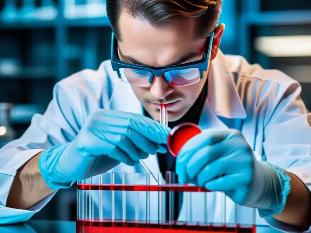 Un técnico de laboratorio pipetea una solución roja brillante en un tubo de ensayo, mostrando precisión y ambiente científico