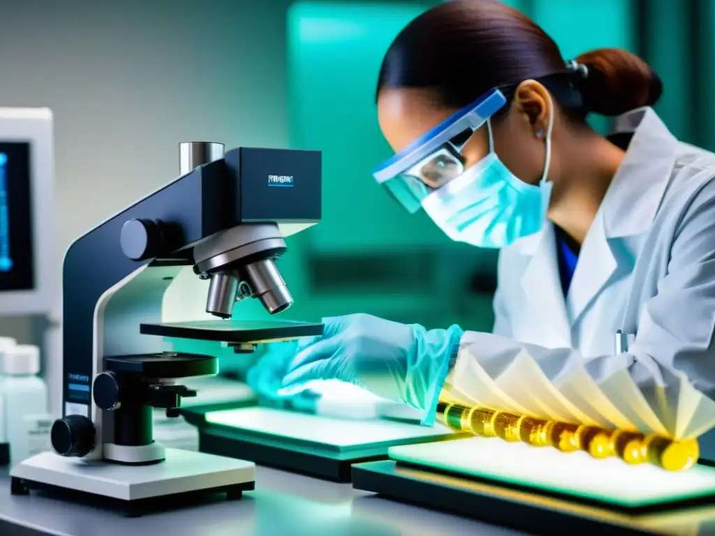 Análisis genético de alta precisión bajo microscopio Un técnico de laboratorio analiza con cuidado una muestra genética bajo un microscopio de alta potencia, destacando la precisión y tecnología de los suplementos nutricionales personalizados genética