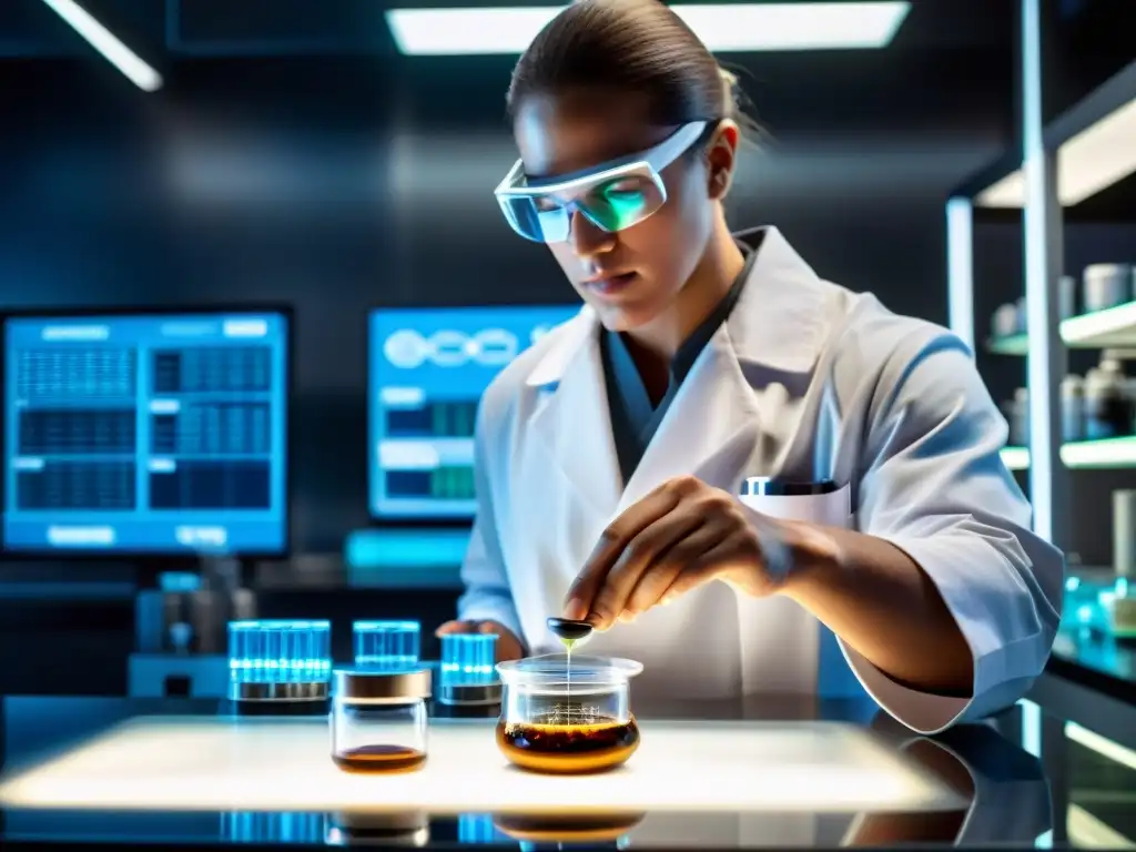 Un técnico de laboratorio mide y vierte ingredientes para innovación en empresas de suplementos, en un ambiente futurista y meticuloso