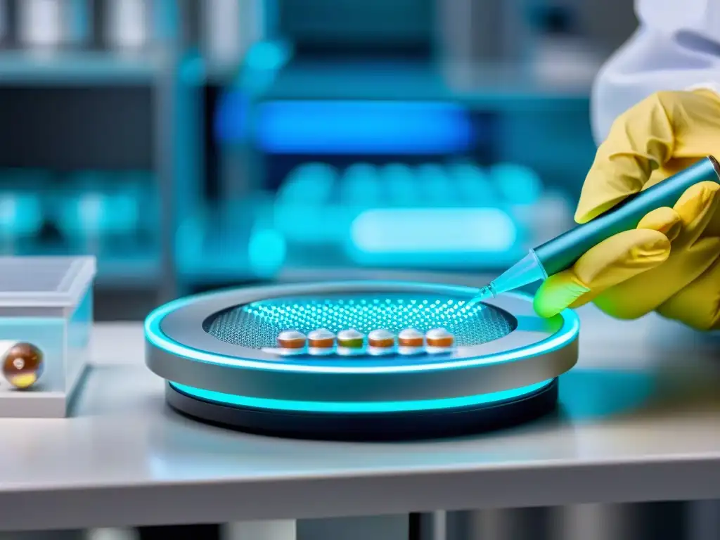 Experto en laboratorio mide DHEA con precisión Un técnico de laboratorio mide con precisión cápsulas de suplemento de DHEA en una balanza digital