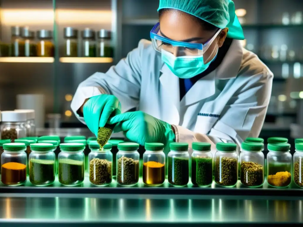 Preparación precisa de suplementos naturales en laboratorio Un técnico de laboratorio mide con precisión suplementos herbales naturales en frascos de vidrio, destacando la meticulosidad de crear suplementos naturales en un entorno científico moderno