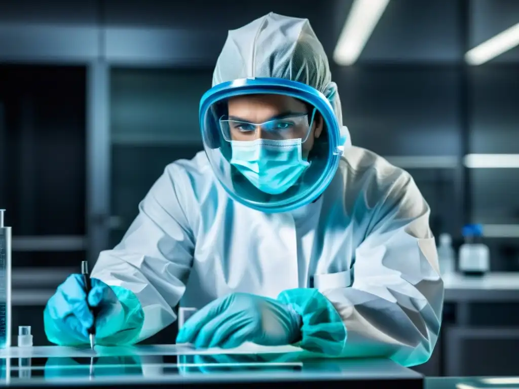 Experto en laboratorio midiendo sustancia polémica Un técnico de laboratorio mide con precisión una sustancia controvertida, en un laboratorio de alta tecnología