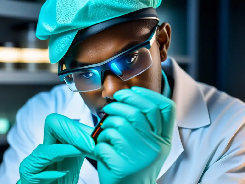 Análisis detallado de suplemento bajo microscopio: impacto renal Un técnico de laboratorio analiza minuciosamente un suplemento bajo un microscopio, destacando su impacto en la función renal
