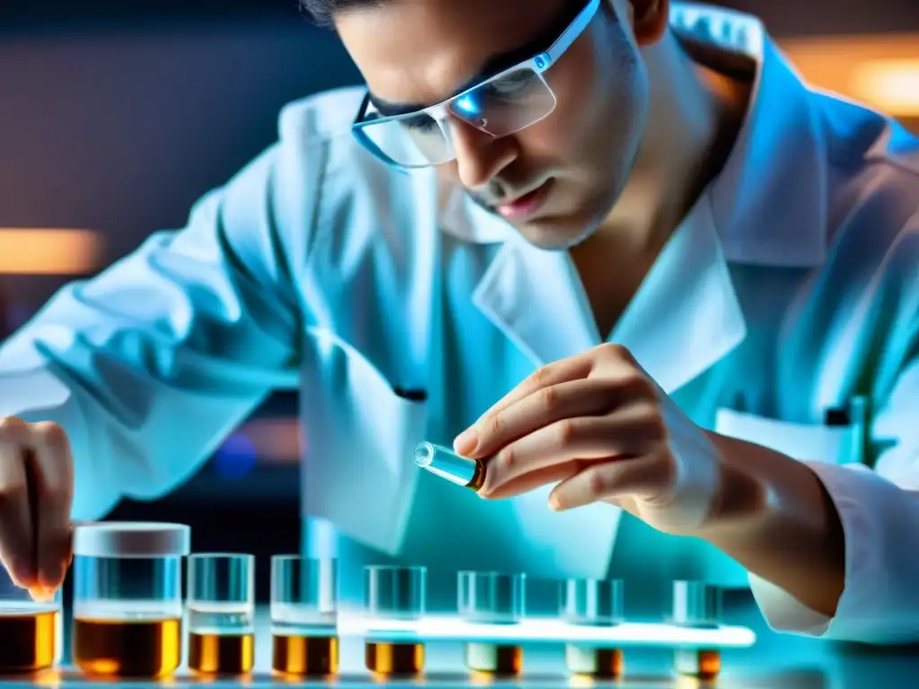 Experto en laboratorio dosifica suplemento para fertilidad Una técnico de laboratorio mide cuidadosamente un suplemento para la salud reproductiva masculina en un vial de vidrio, con un ambiente científico futurista y tecnología de vanguardia en segundo plano
