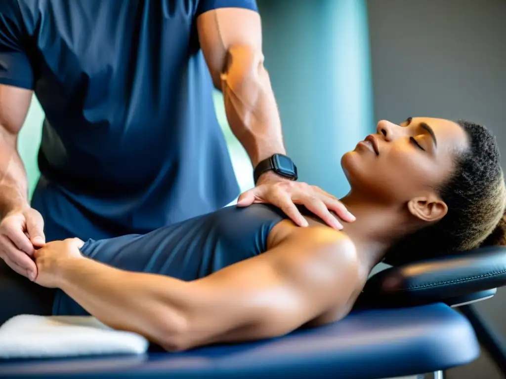 Masaje terapéutico de manos: alivio para atleta Terapeuta realiza masaje especializado en atleta, expresión relajada