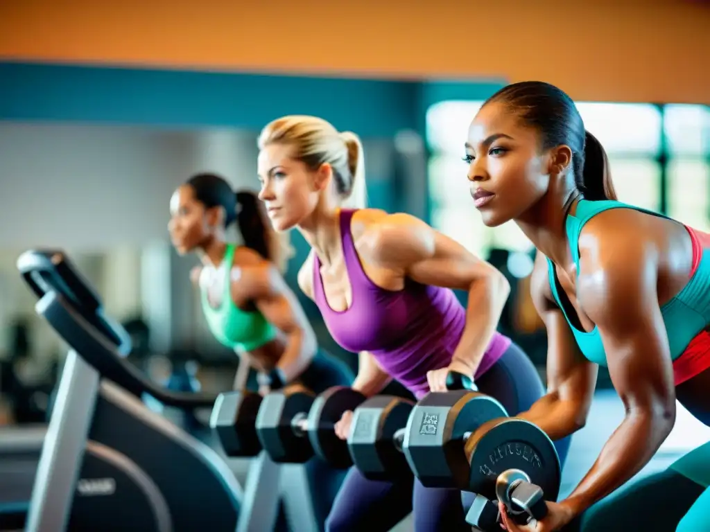 Empoderamiento femenino: Mujeres fuertes en el gimnasio Testimonios de mujeres fitness levantando pesas y tomando suplementos, enfocadas en su fuerza y determinación en el gimnasio
