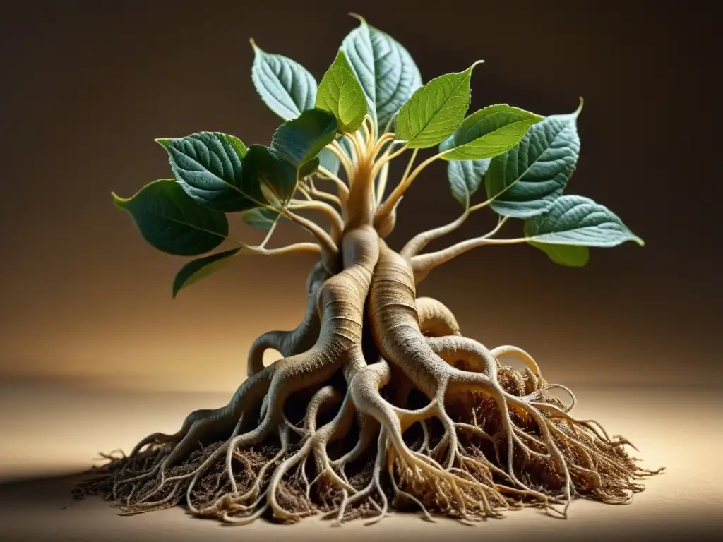 Raíz de ginseng: Detalles impresionantes Raíz de ginseng: textura intrincada y tonos terrosos en composición dinámica