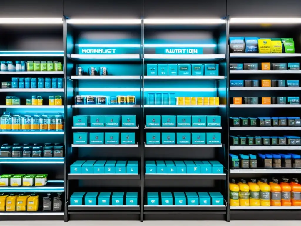 Tienda de suplementos deportivos: controversia y sofisticación en 8k Una tienda moderna de nutrición deportiva con estantes llenos de sustancias controvertidas en suplementación