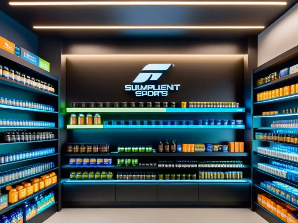 Tienda de suplementos deportivos: moderna y profesional Tienda moderna de suplementos deportivos con diseño futurista y productos organizados, reflejando la nueva regulación suplementos deportivos