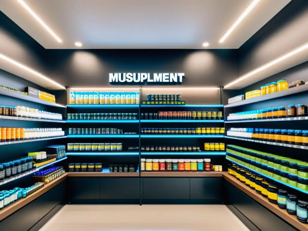 Tienda de suplementos musculares: Imagen ultradetallada y ultrarresoluta Tienda moderna de suplementos musculares con estantes ordenados, envases vibrantes y ambiente profesional