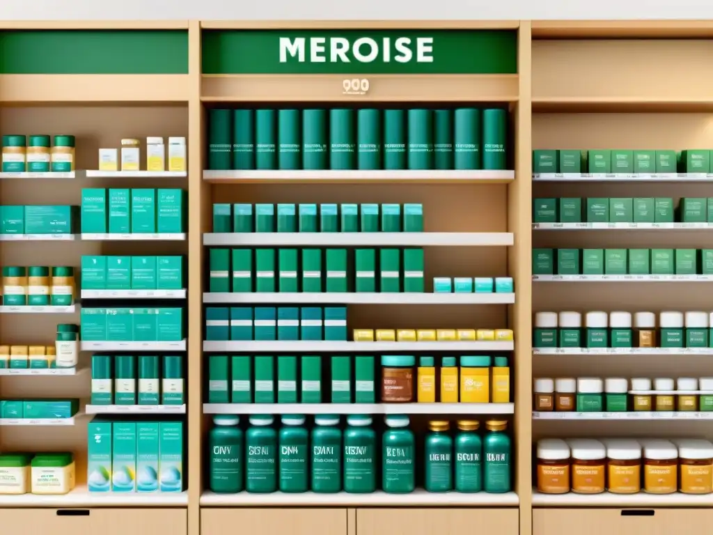 Tienda de suplementos para la menopausia: variedad de productos de calidad Una tienda de suplementos bien iluminada y moderna con estantes ordenados que muestran una variedad de suplementos específicos para la menopausia como calcio, vitamina D y remedios herbales