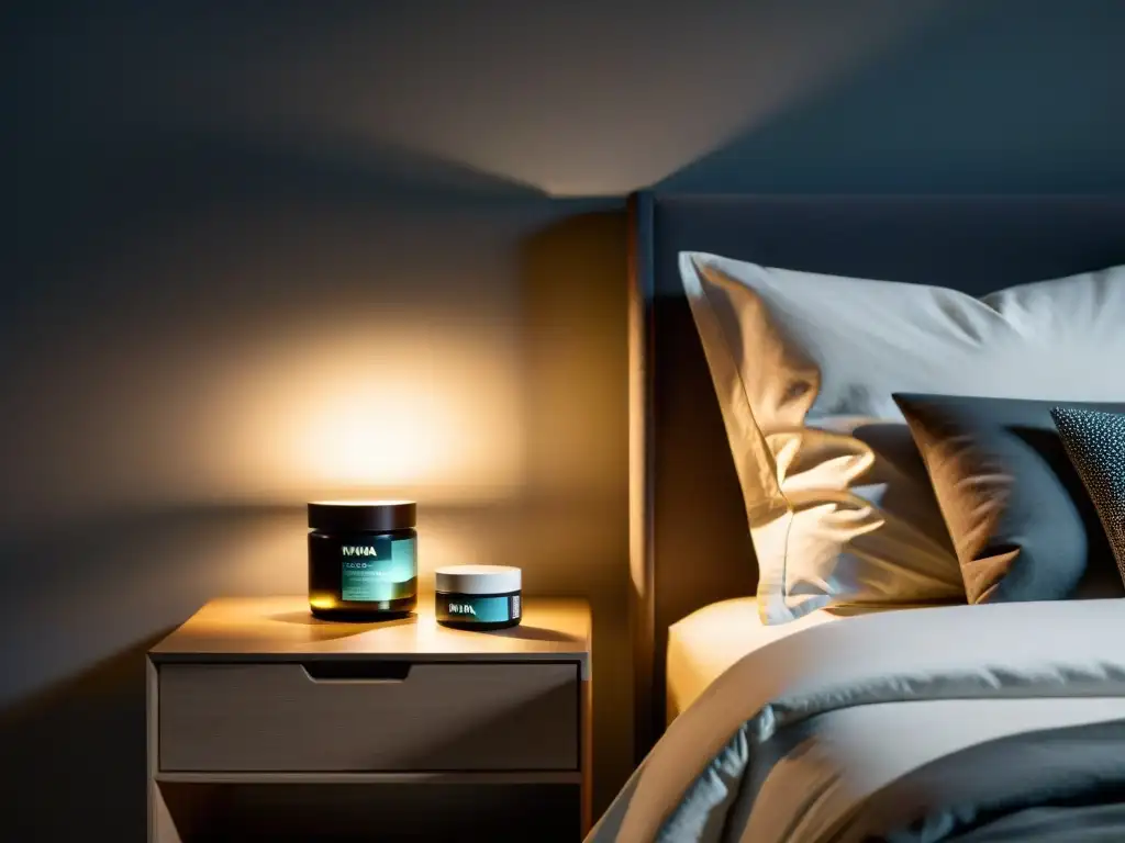 Una tranquila habitación con suplementos ZMA y magnesio, invitando a una recuperación nocturna