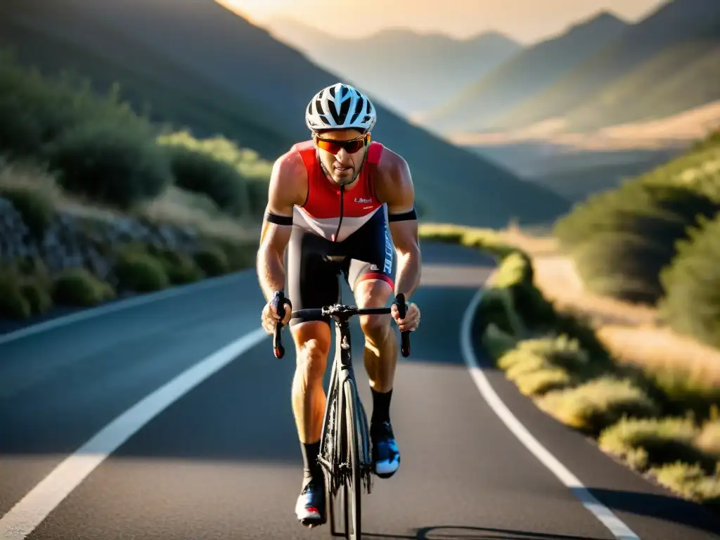 Triatleta en entrenamiento: Determinación en la montaña al atardecer Un triatleta en pleno entrenamiento, pedaleando en una escénica carretera de montaña con el sol poniéndose detrás de él
