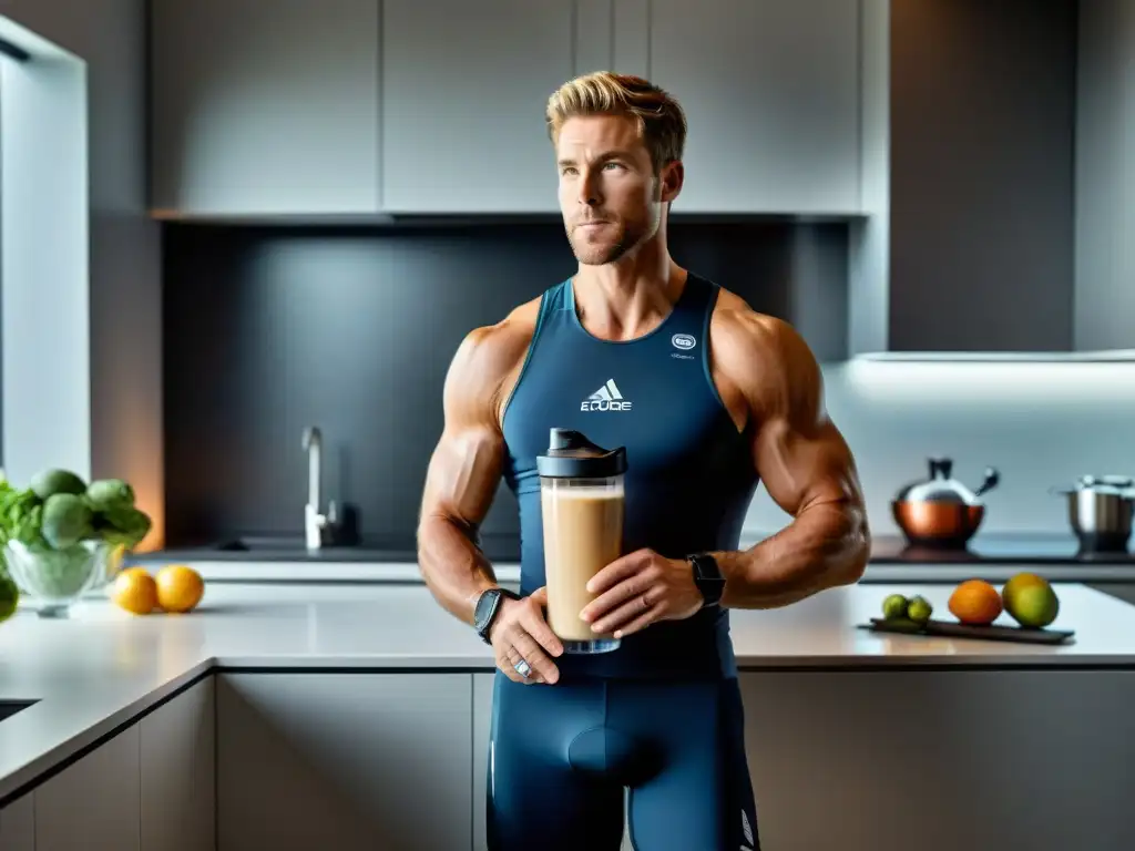 Preparando batido recuperador post carrera con precisión y dedicación Un triatleta profesional prepara un batido de recuperación con suplementos de alta calidad en una cocina moderna